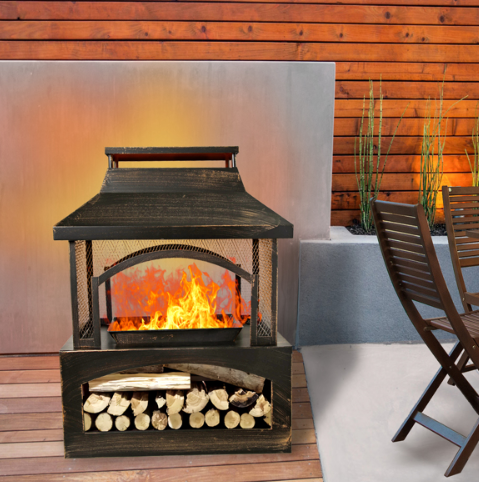 37 Inch Rectangular Metal Outdoor Wood Burning Fireplace - Outdoor Fireplace With Built-in Log Storage & Brush Stick For Log Burner Fire Pit In Patio Garden & Backyard