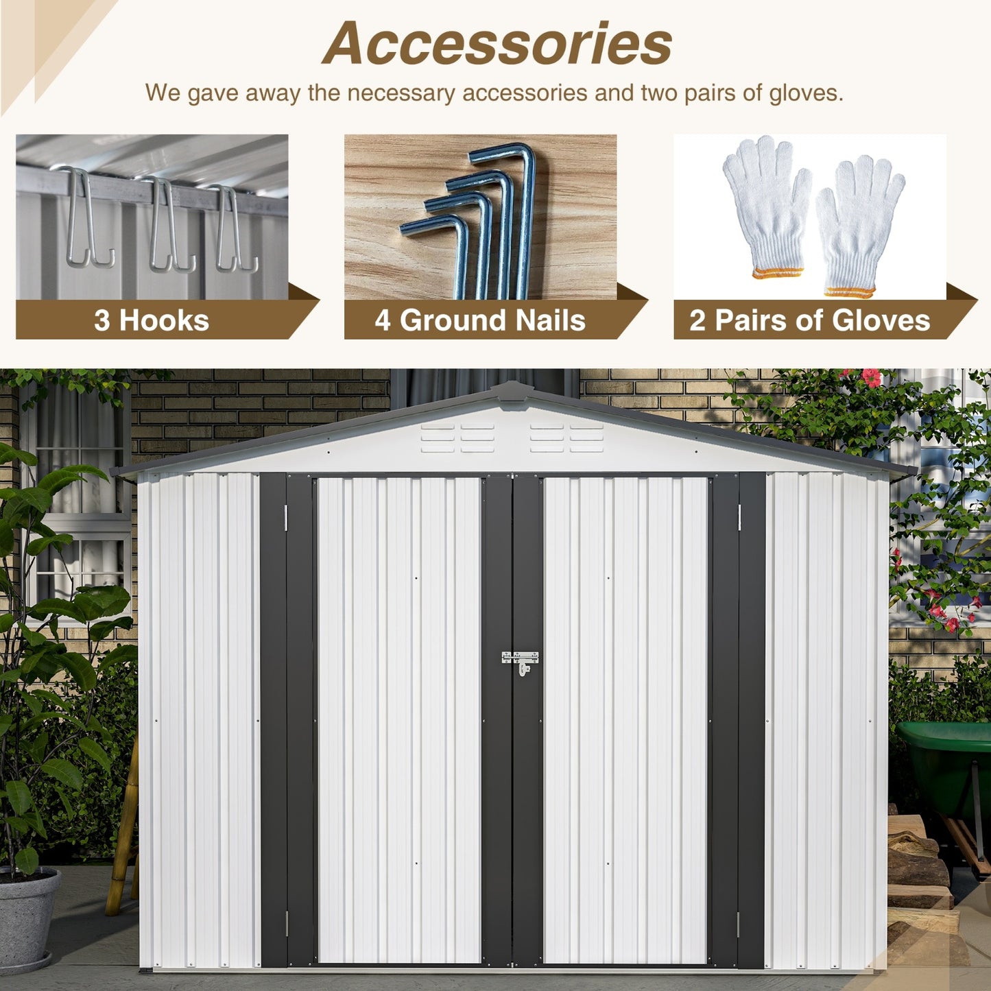 8 X 6 Ft Outdoor Storage Shed, All Weather Metal Sheds With 2 Lockable Doors, Tool Shed For Garden,