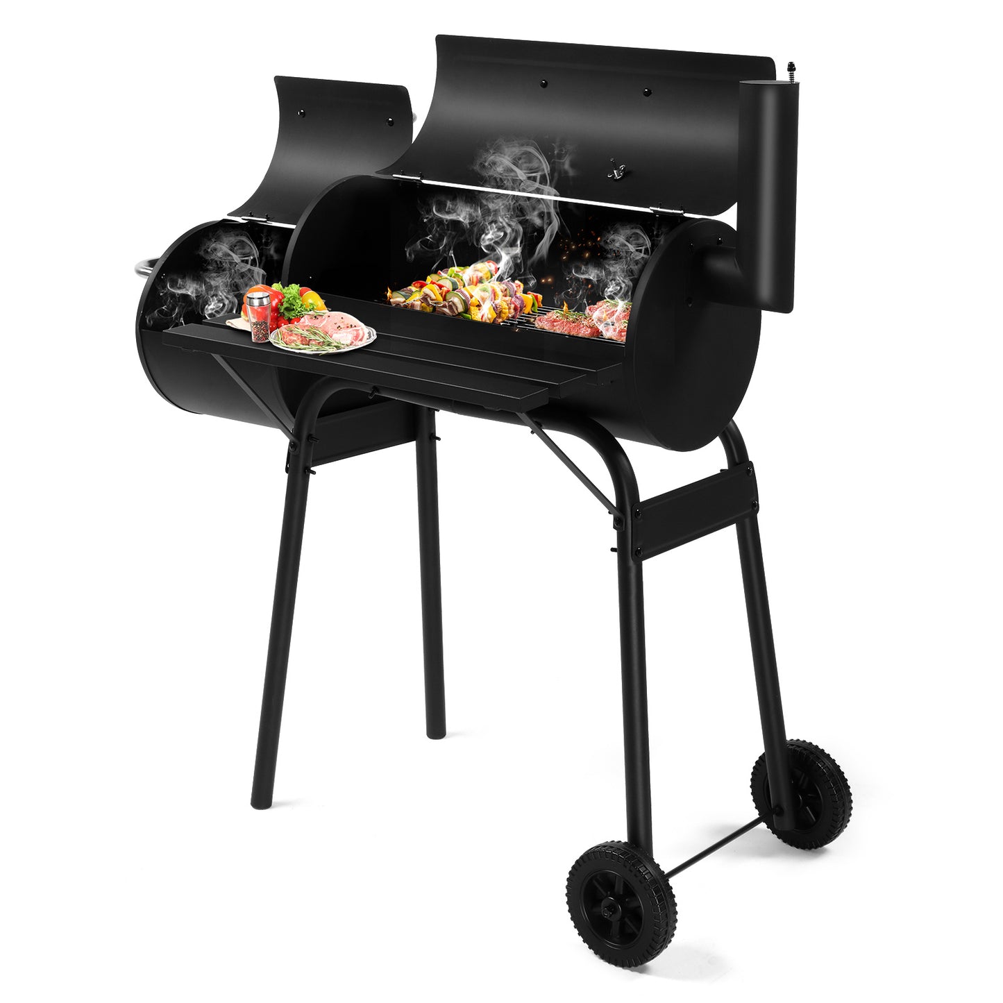 111x54x93cm Black, Double Cylinder, Wheeled, Smoked, Charcoal Grill