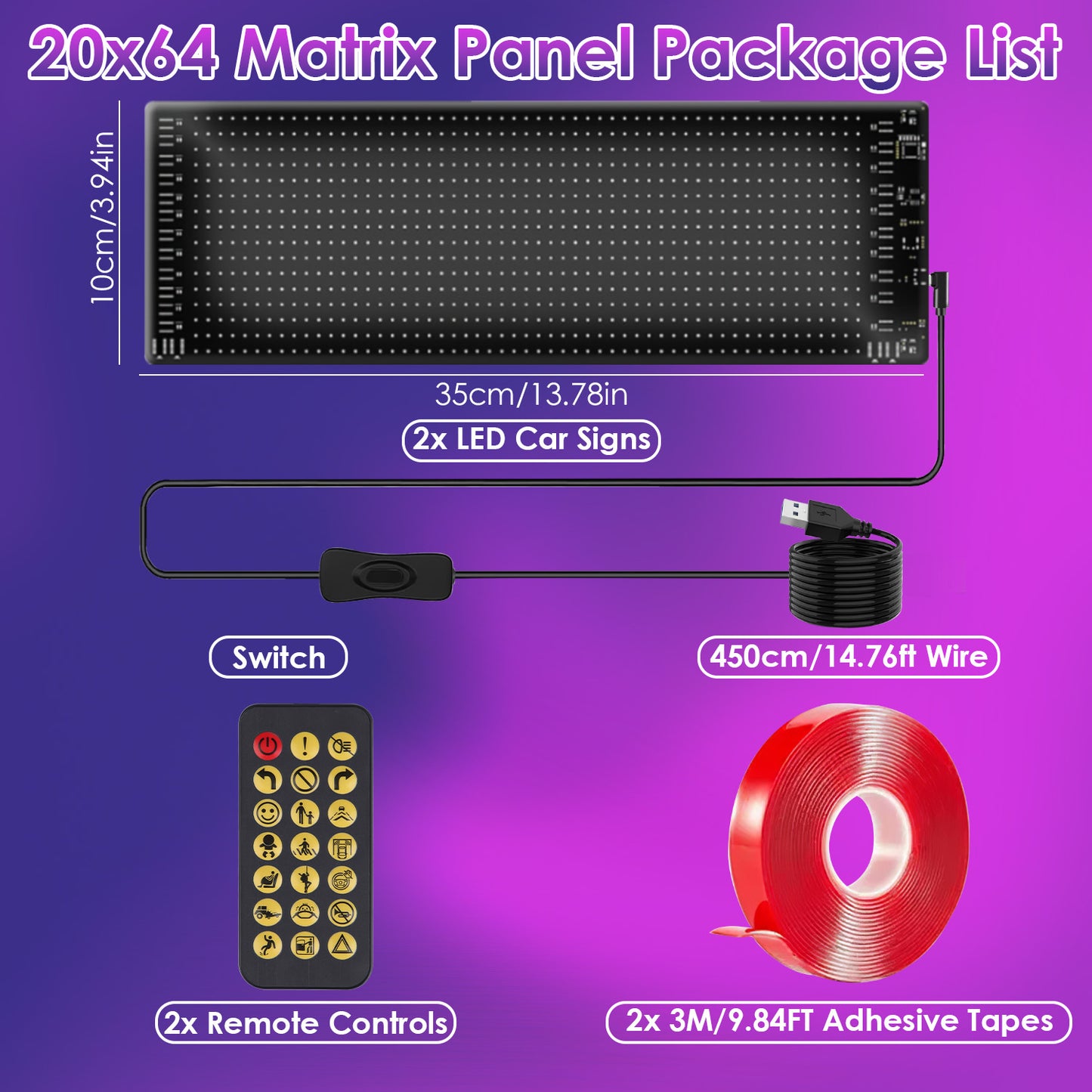 2Pack 16x96 Matrix Devil Eyes Lights For Car Ultra-thin Programmable LED Car Signs With APP Remote Control DIY Design Text Patterns Animations