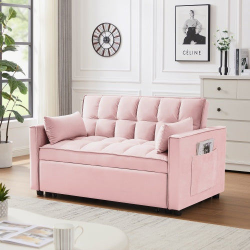 Modern Velvet Loveseat Futon Sofa Couch W Pullout Bed,Small Love Seat Lounge Sofa W Reclining Backrest,Toss Pillows, Pockets,Furniture For Living Room,3 In 1 Convertible Sleeper Sofa Bed