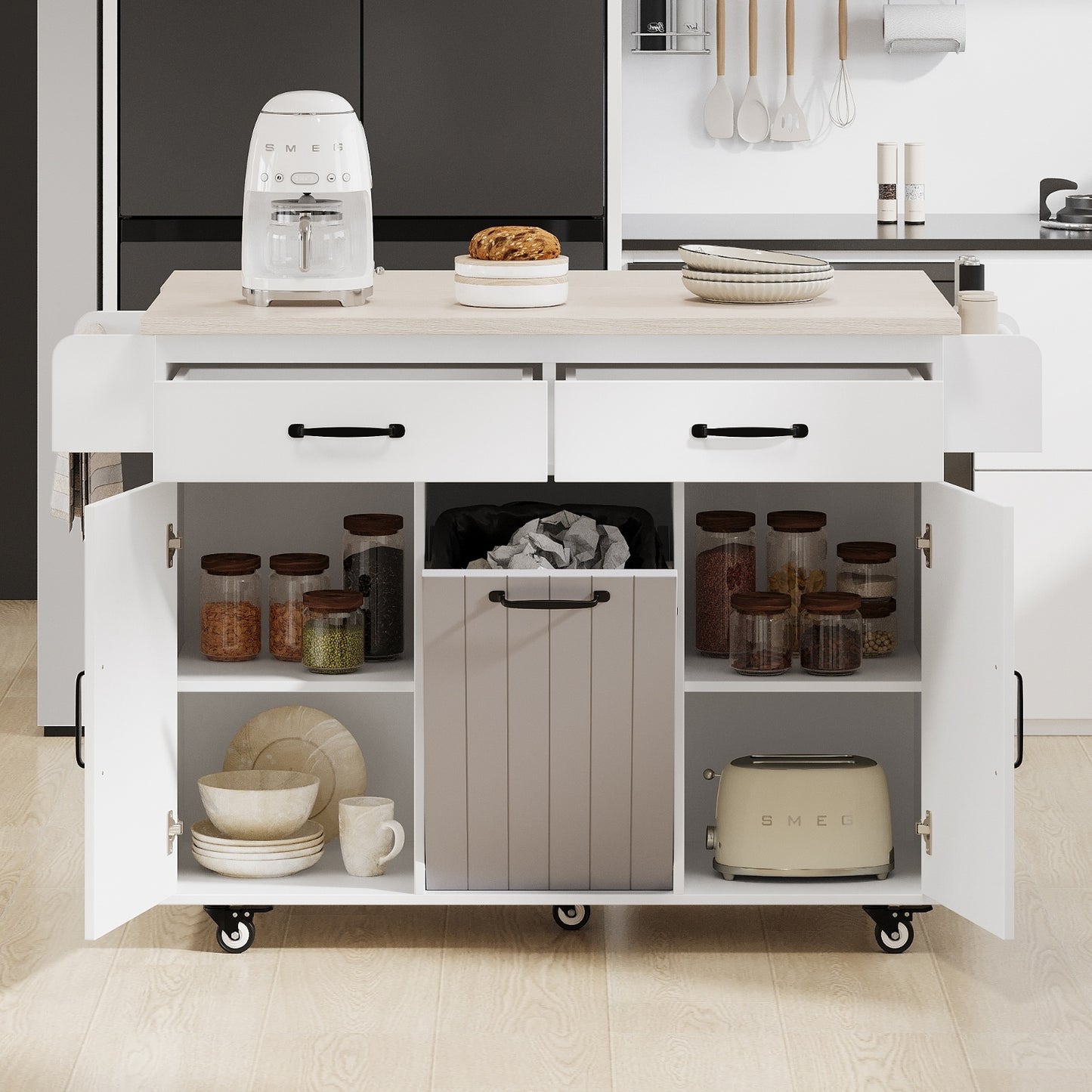 K K Kitchen Island With Trash Can Storage Cabinet, Kitchen Cart With Drop Leaf, Spice Rack, Towel Ra
