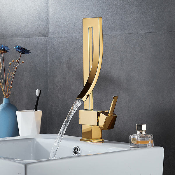 Golden countertop basin hot and cold water faucet