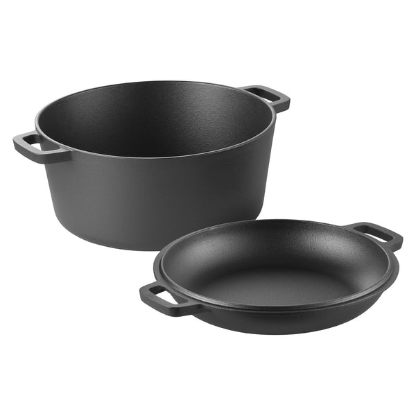 Cast Iron Dutch Oven 2-in-1 Pre-Seasoned Double Pot With Lid Handles 5 Qt Black