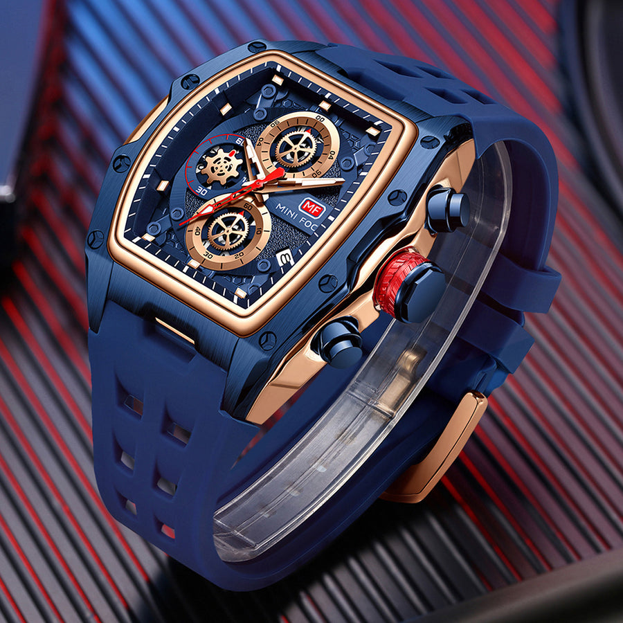 Track-Style Sports Chronograph Mens Watch With Curved Glass And Openwork Design