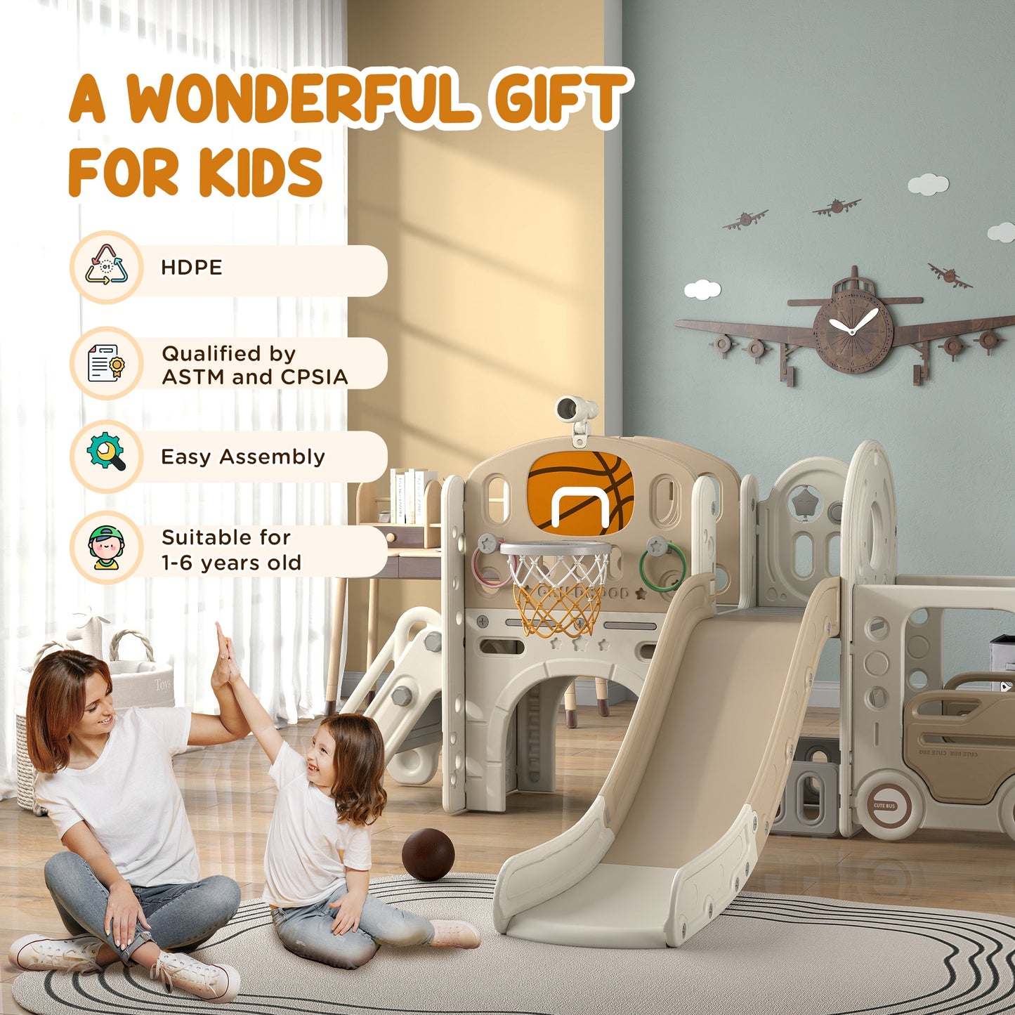 9 in 1 Toddler Slide for Kids Ages 1-6 with Bus Front, Basketball Hoop, Climber, Storage Space, Ring Toss, Cream White