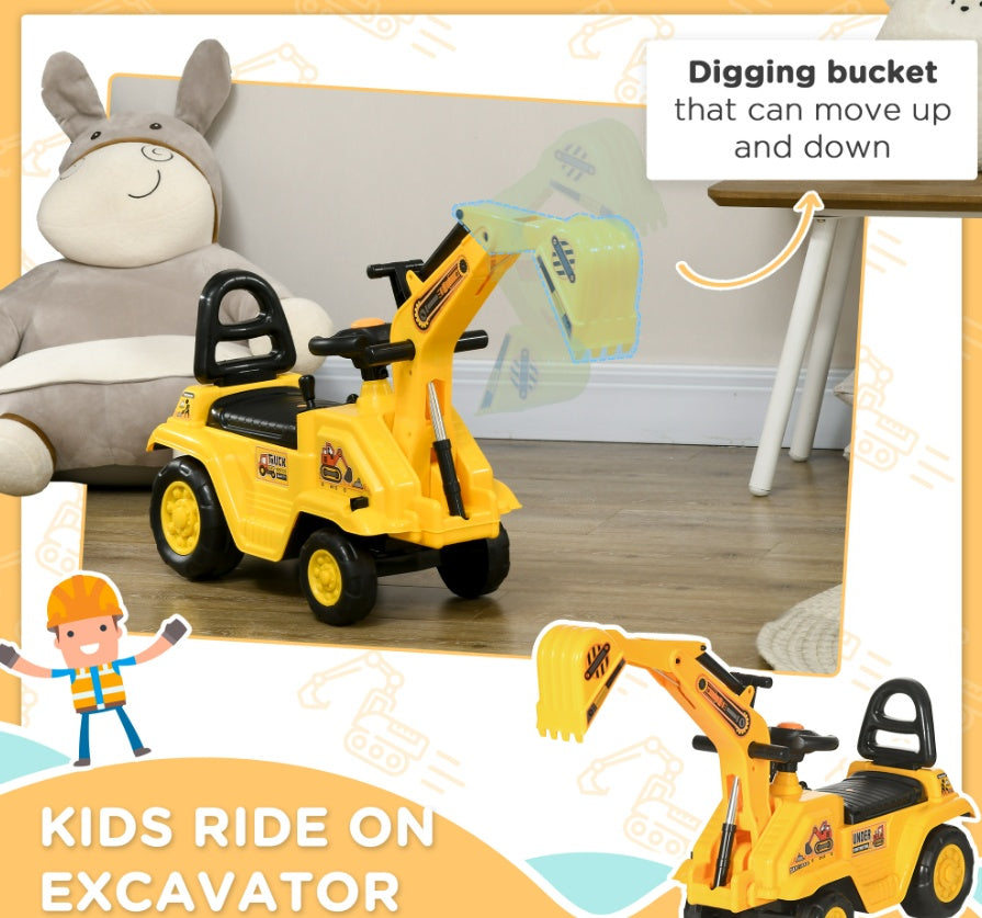 3-in-1 Ride On Excavator Digger Scooter & Pulling Cart, Construction Pretend Play Toy For Kids