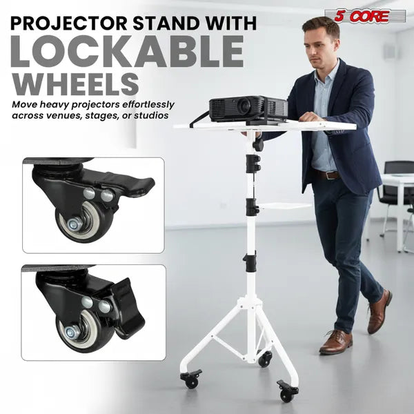 Projector Stand 29.5 To 71 Inch Adjustable Tripod 2 Shelves Portable Laptop Cart W Phone Holder