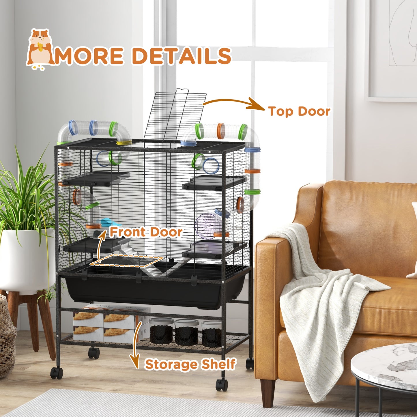 Small Animal Cage for Syrian Hamster, Gerbil Cage with Tubing System, Running Wheel, Ramps, Platforms