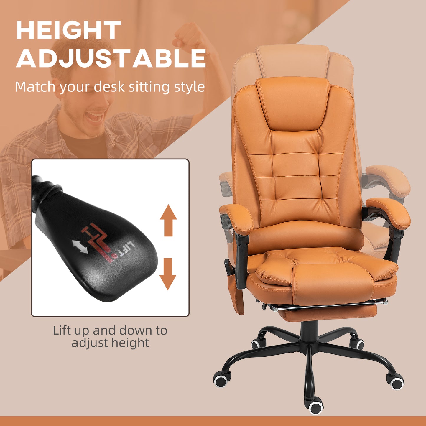 7-Point Vibrating Massage Office Chair High Back Massaging Office Desk Chair with Lumbar Support, Footrest, Light Brown