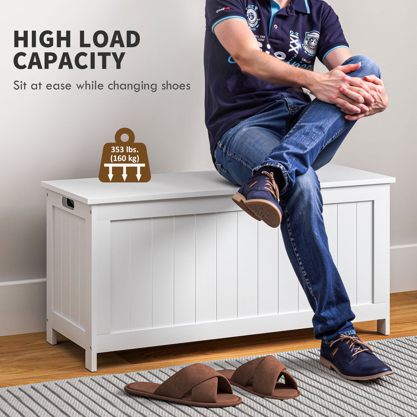 39.4" Storage Trunk w/ 2 Safety Hinges, Wooden Storage Bench w/ Side Handles, Storage Chest for Playroom, White