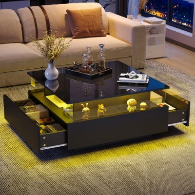 Coffee Table With Storage For Living Room, Modern LED Coffee Table, Square Tea Table With 2 Sliding Drawers Wood Center Table Acrylic Glass Coffee Table