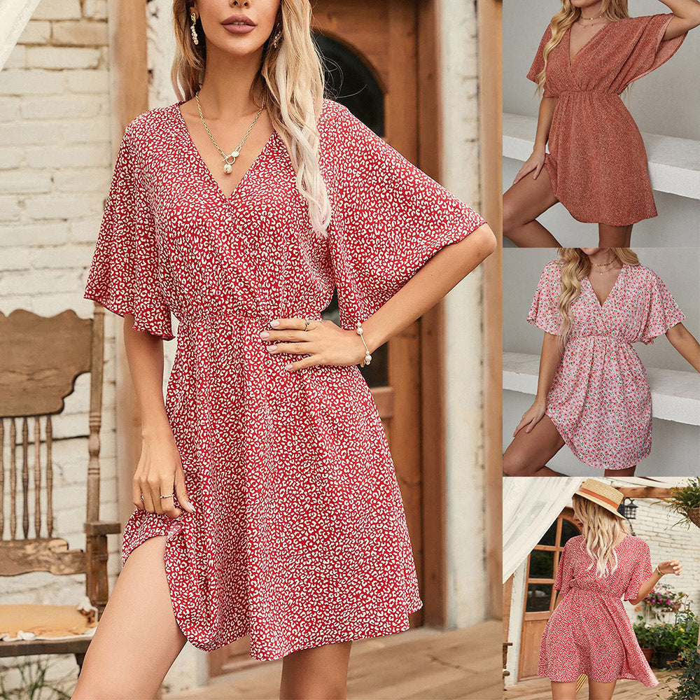 Women's Clothing Dress Printed V-neck Short Sleeve Casual
