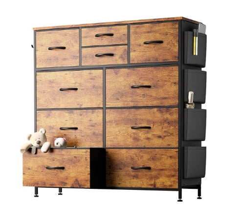 10-Drawer Dresser With Side Pocket & Hooks, Storage Cabinet With Wood Top For Bedroom Closet Organization