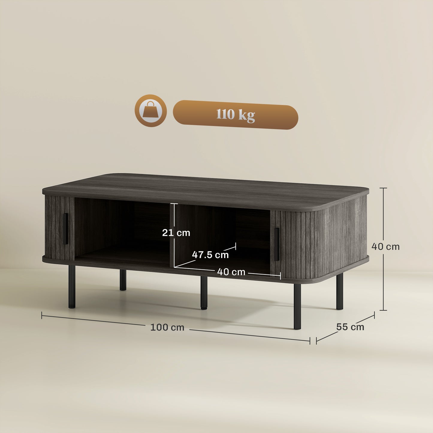 Coffee Table With Storage, Living Room Table With Slatted Tambour Sliding Doors And Foot Pads, Rectangular Coffee Table With Elevated Base For Living Room, Grey Wood-Effect