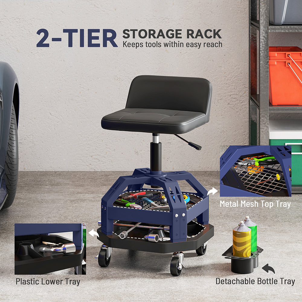 Rolling Creeper Garage Stool, 300 LBS Capacity Mechanic Stool With 360 Degrees Wheels, Tool Tray, Adjustable Height, Blue