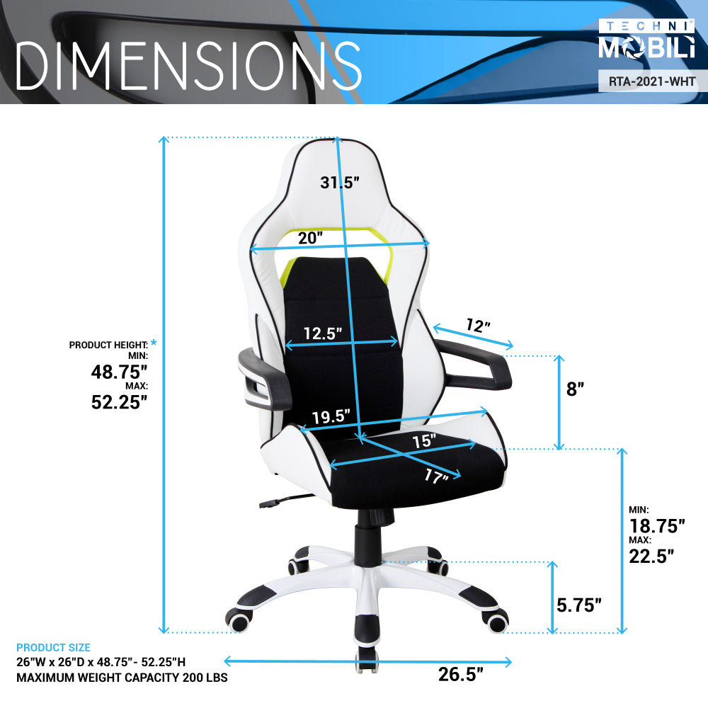 Techni Mobili Ergonomic Essential Racing Style Home &amp; Office Chair, White