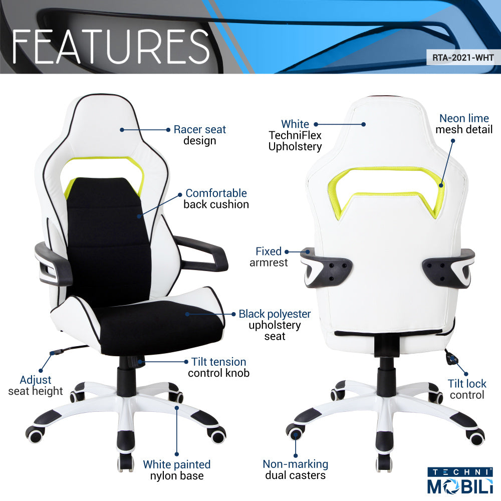 Techni Mobili Ergonomic Essential Racing Style Home &amp; Office Chair, White