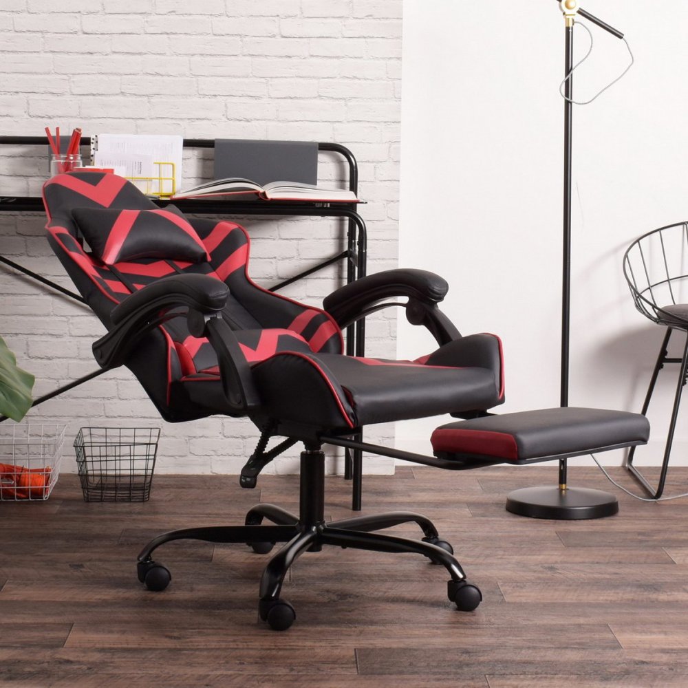 Gaming Office High Back Computer Leather Desk Mesh Ergonomic 180 Degrees Adjustable Swivel Task Chair with Headrest and Lumbar Support, &amp; Footrest , Red