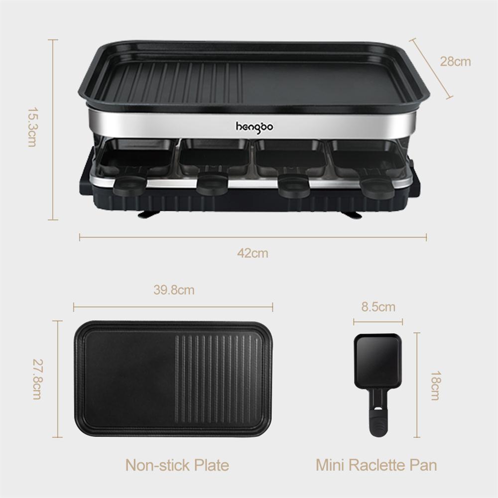 Raclette Grill 8 People Grill Plate Non-stick Coated, Raclette with 8 Mini Raclette Pans, Infinitely Adjustable Temperature, 1500W