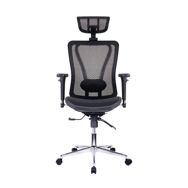 Silla de oficina ejecutiva de malla con respaldo alto, brazos, reposacabezas y soporte lumbar Techni Mobili, color negro 