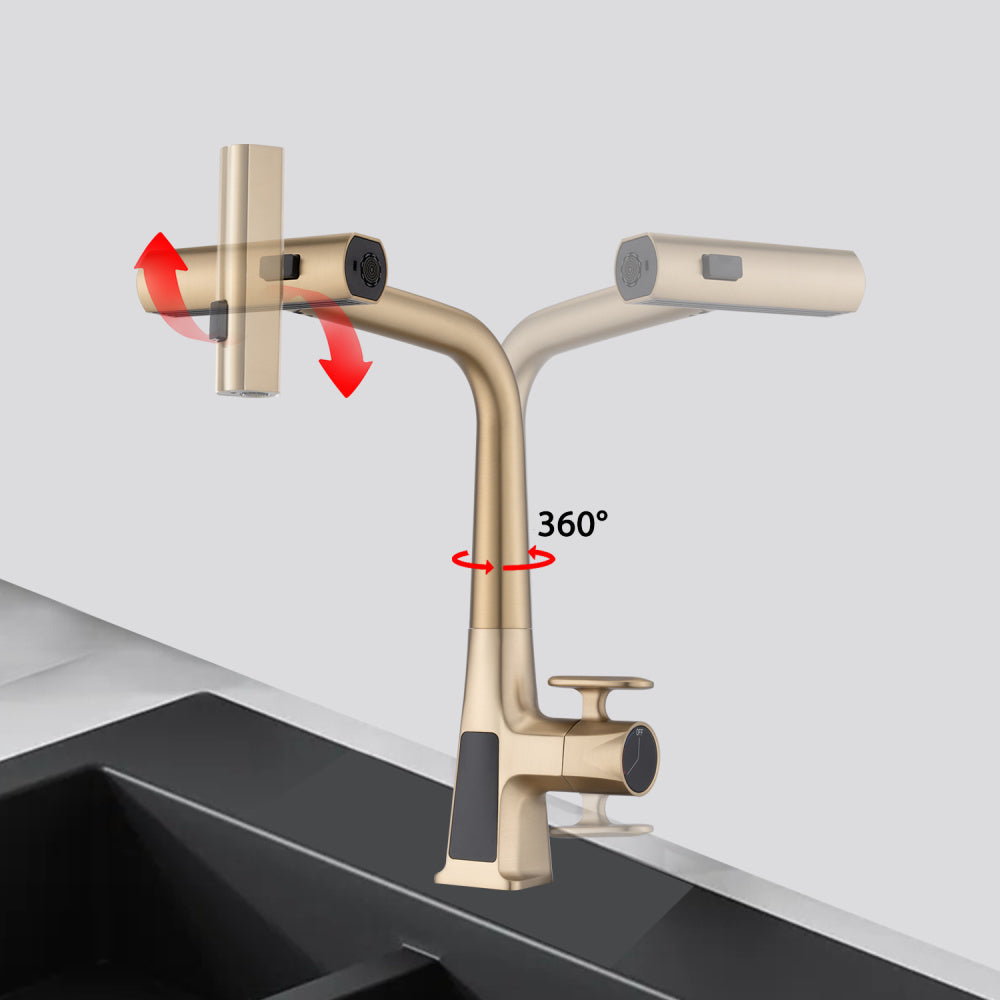 Brushed Gold Waterfall Kitchen Faucet with Temperature Display, Single Handle Kitchen Faucet with Pull Down Sprayer, Modern Kitchen Sink Faucet, Three Water Outlet Modes