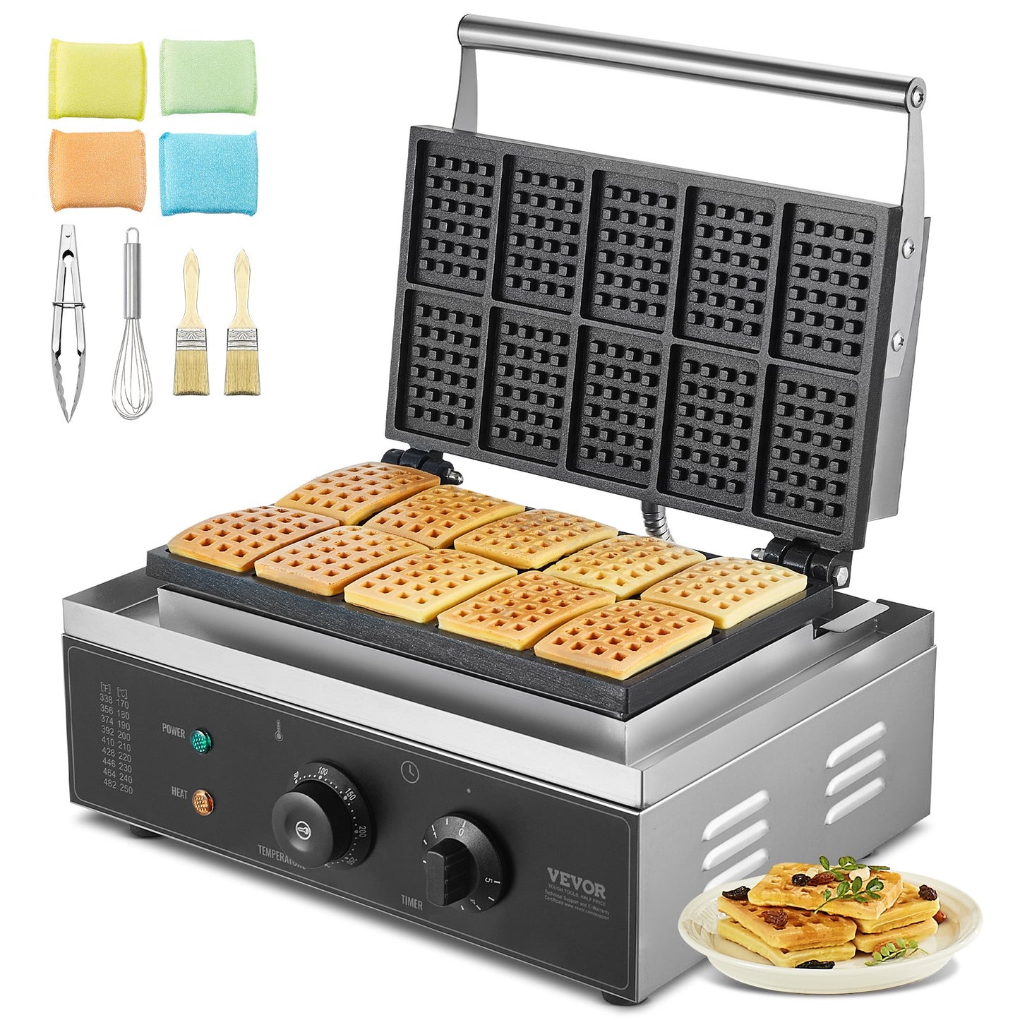 Kommerzielles Waffeleisen 1550 W Antihaftbeschichtetes Waffeleisen Aus Edelstahl Mit Temperatur- Und Zeitregelung, Griff, Für Restaurant Bäckerei Snackbar Familie 10 Rechteckige Waffeln