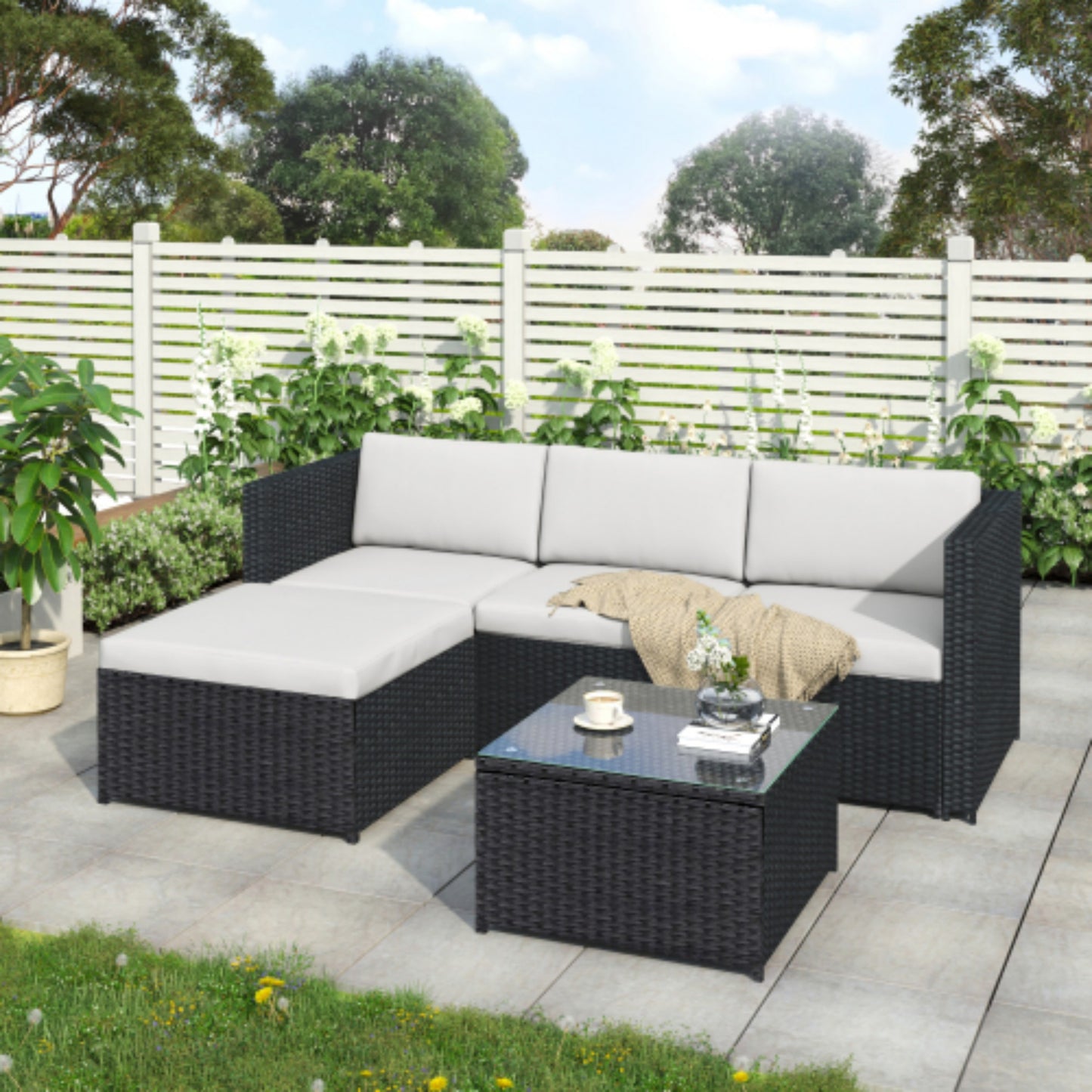 Garden Corner Sofa Rattan Garden Furniture Patio Set Garden Entertaining Set Garden Rattan Furniture Lounge Set,Black