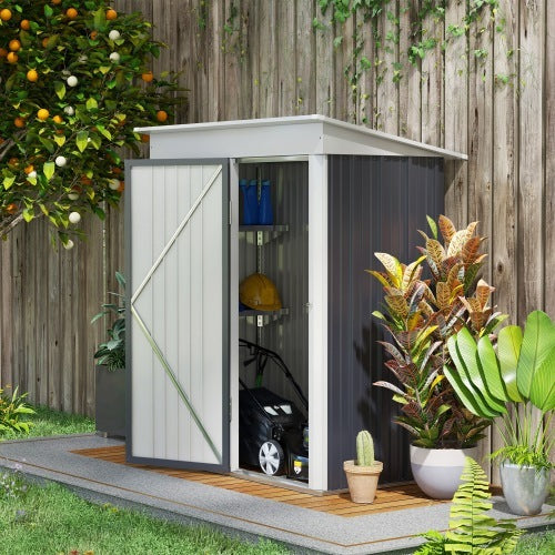 Outsunny Metal Garden Shed, Outdoor Lean-to Shed For Tool Motor Bike, With Adjustable Shelf, Lock, Gloves, 5x3x6  Dark Grey