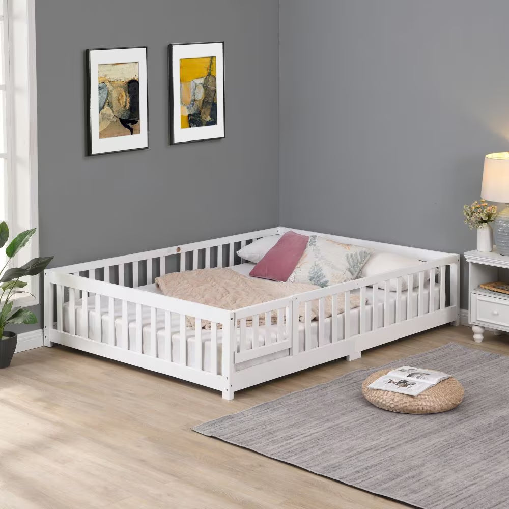 Twin Size Floor Bed With Door,Solid Wood Platform Bed Frame With Fence,Suitable For Children,Pine Wood,