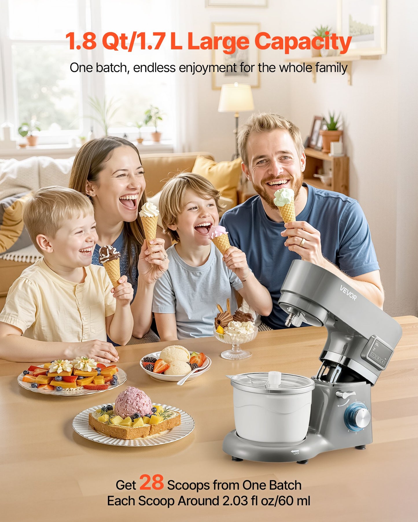 Eismaschine Eiscrememaschine 17 L Standmixer 6-Gang Mit LED-Digitalanzeige & Timer & Rührpaddel & Knethaken & Spritzschutz Für DIY Gefrorener Joghurt Frucht-Gelato Sorbet Grau 1400 W