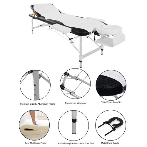 Massage Table Couch Bed Aluminium Tattoo Spa Reiki Portable Folded 3 Section With Premium PU Leather And 5 Cm High Density Multi-Layer Foam Headrest Arm Support And Carrying Bag