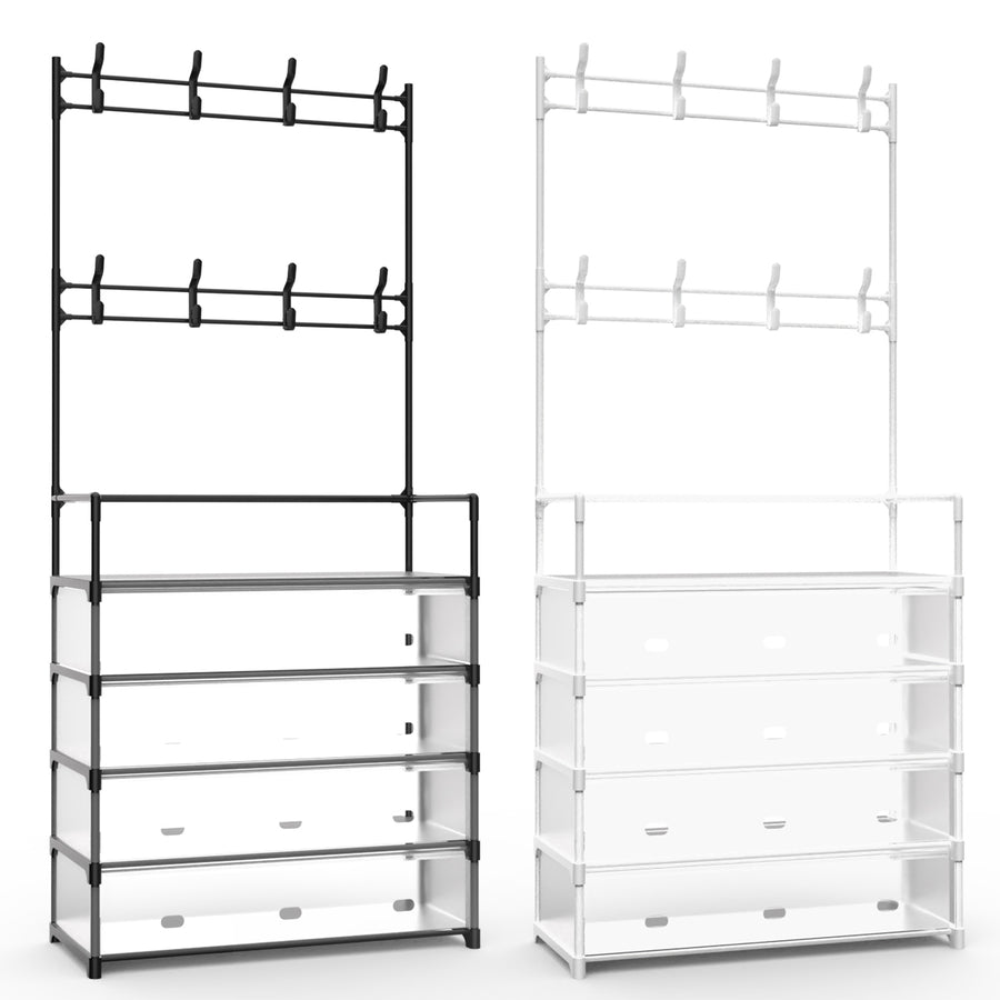 1Pc 5Tier Dustproof Entryway Hall Tree Coat Rack Shoe Rack With 8 Removable Hooks Freestanding Shoe Storage Shelf Hat Clothes Organizer For Front Door Bedroom Entryway