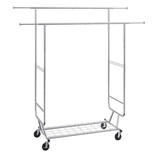 Heavy Duty Clothes Rack, Double Hanging Rod Clothing Garment Rack For Hanging Clothes, Adjustable Height And Extendable Length Clothing Rack With Bottom Storage Area, 600 Lbs Load Capacity