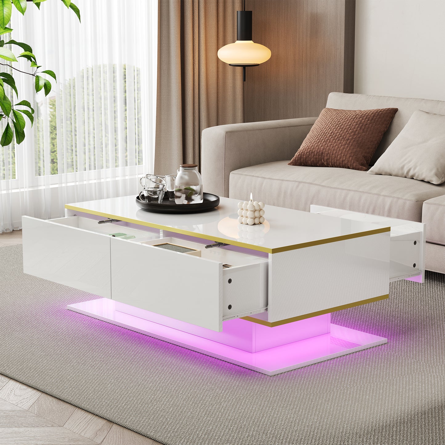 Modern LED Coffee Table With High-Gloss Finish, 100 Cm Length, Gold Accents, 3 Drawers & USB LED Light Strip Adapter-Power Bank Required
