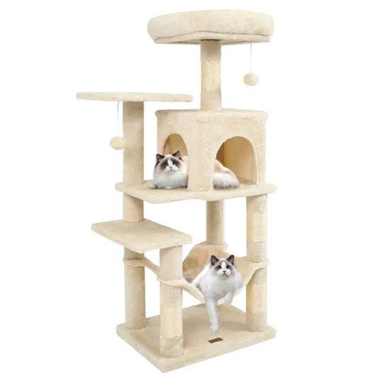 44" Multi-Level Cat Tree With Spacious Top Perch, 2-Door Condo & Hammock For Indoor Cats -Beige