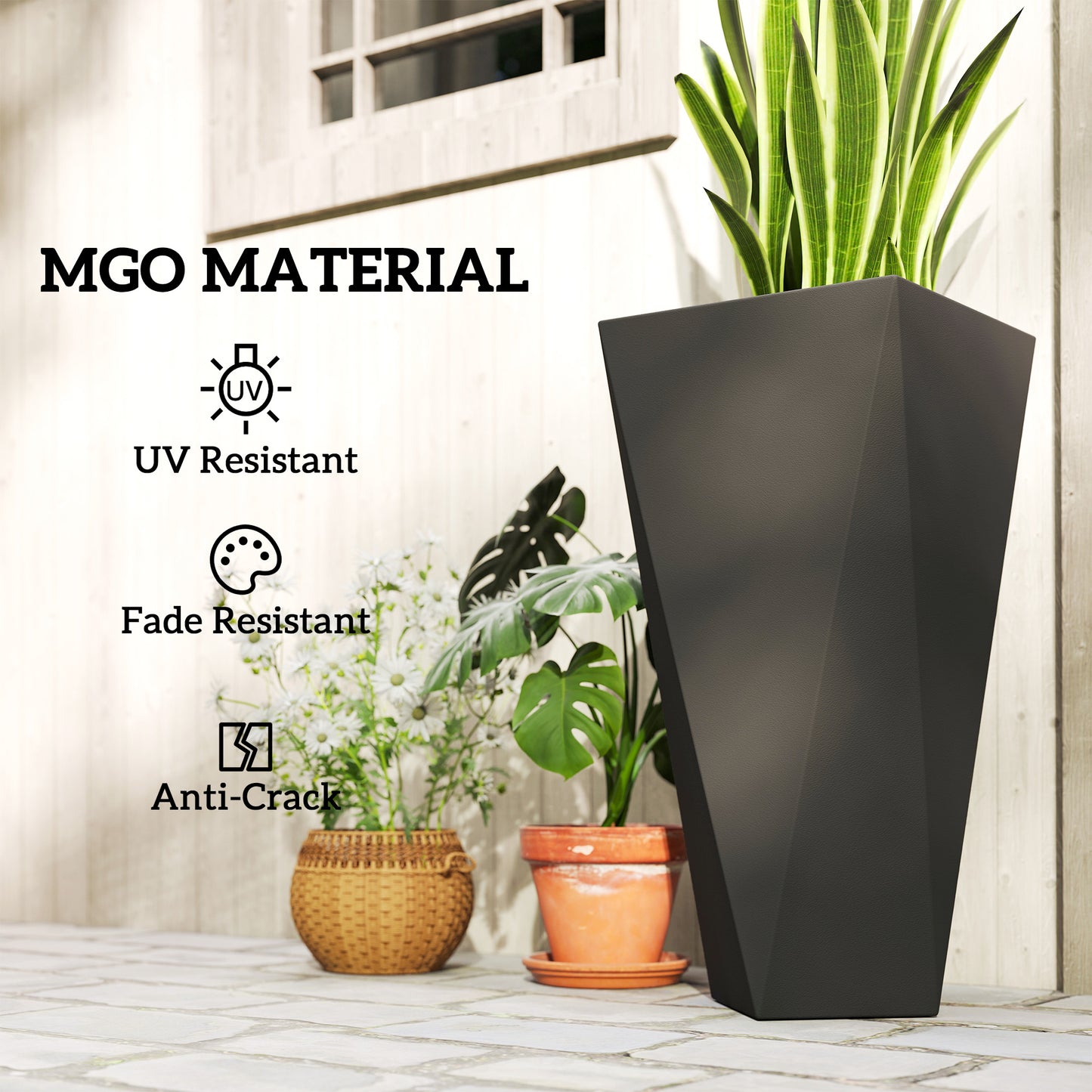 Indoor Outdoor Planters Set of 3 MgO Tall Planters Stackable Flower Pots with Drainage Holes for Garden, Balcony, Black