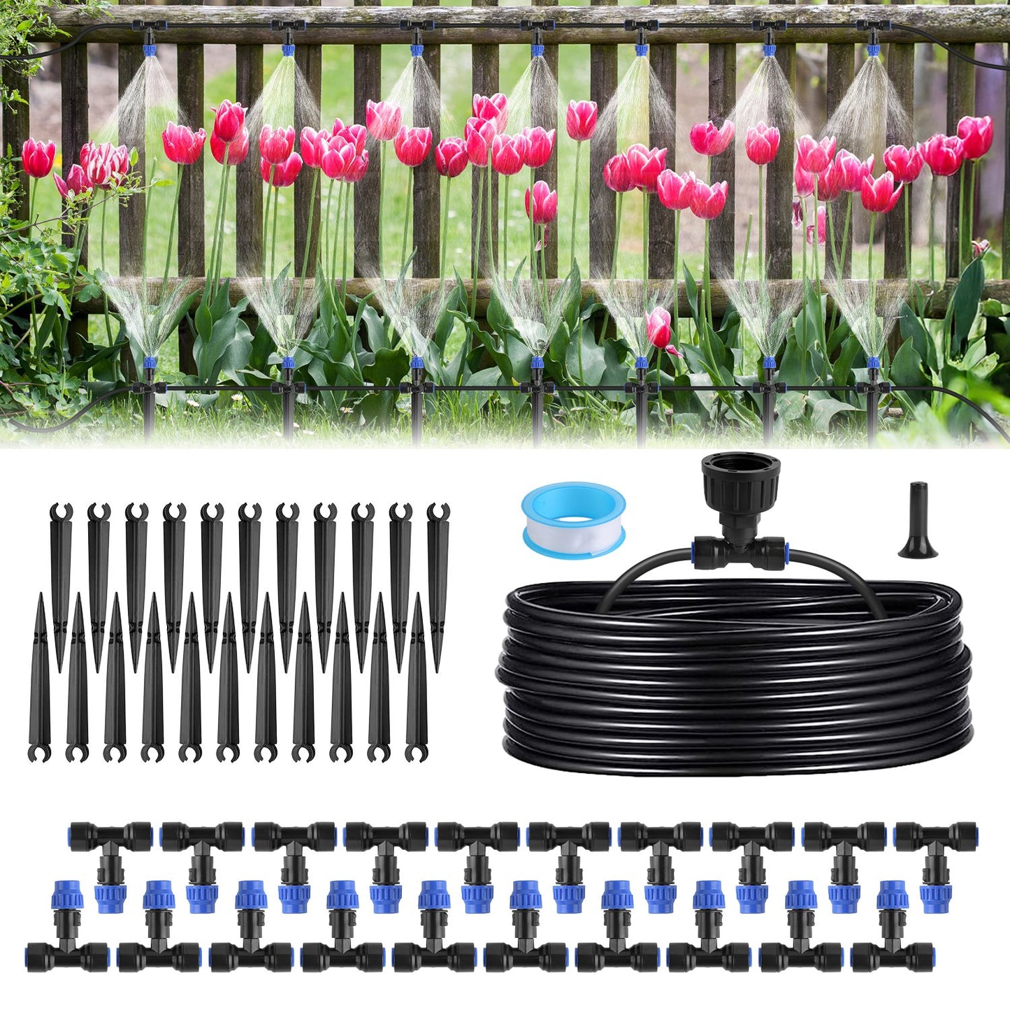 75FT Mist Drip Irrigation System With Adjustable Misting Nozzle Quick Connect Automatic Garden Watering System For Garden Lawn Patio Flower Bed