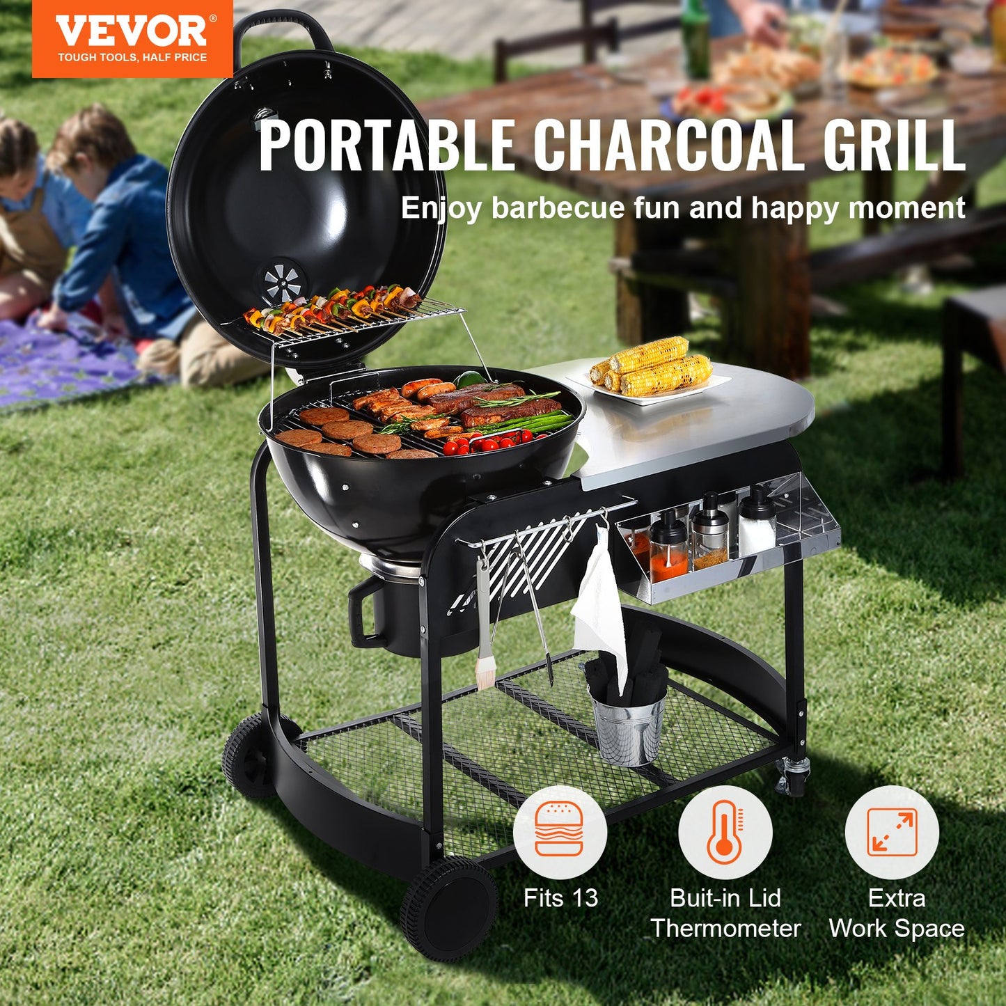 21 Inch Portable Charcoal Grill, Propane Gas Kettle Grills With Cover And Cart, Heavy Duty Iron BBQ Grill, Freestanding Smoker For Outdoor Cooking, Barbecue Camping, Picnic, Backyard Black