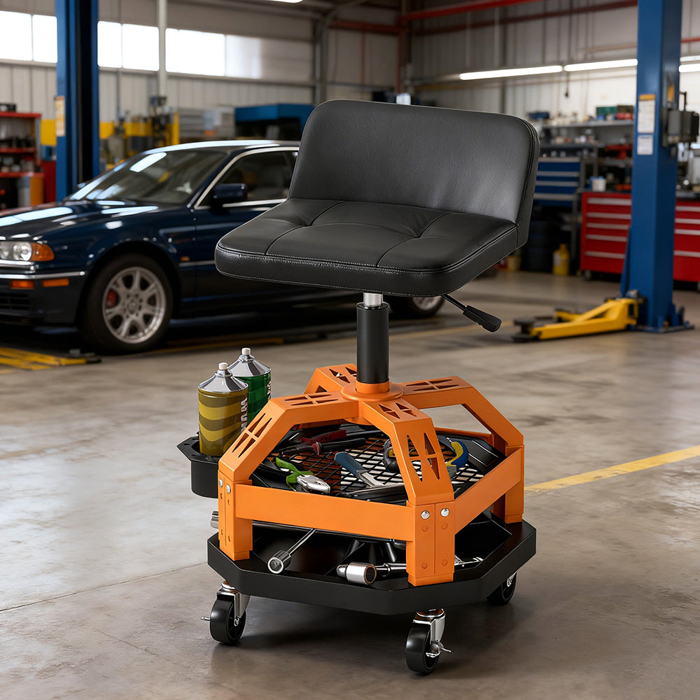 Rolling Creeper Garage Stool, 300 LBS Capacity Mechanic Stool With 360 Degrees Wheels, Tool Tray, Adjustable Height, Blue