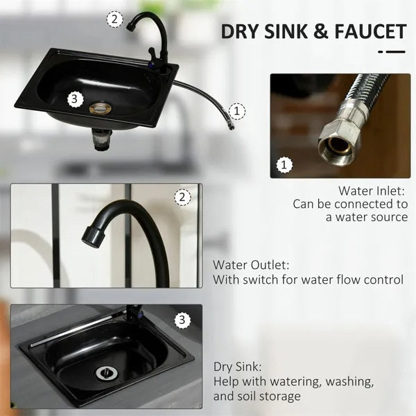 Gray Outdoor Potting Bench With Sink And Faucet ,Hooks,Storage Cabinet