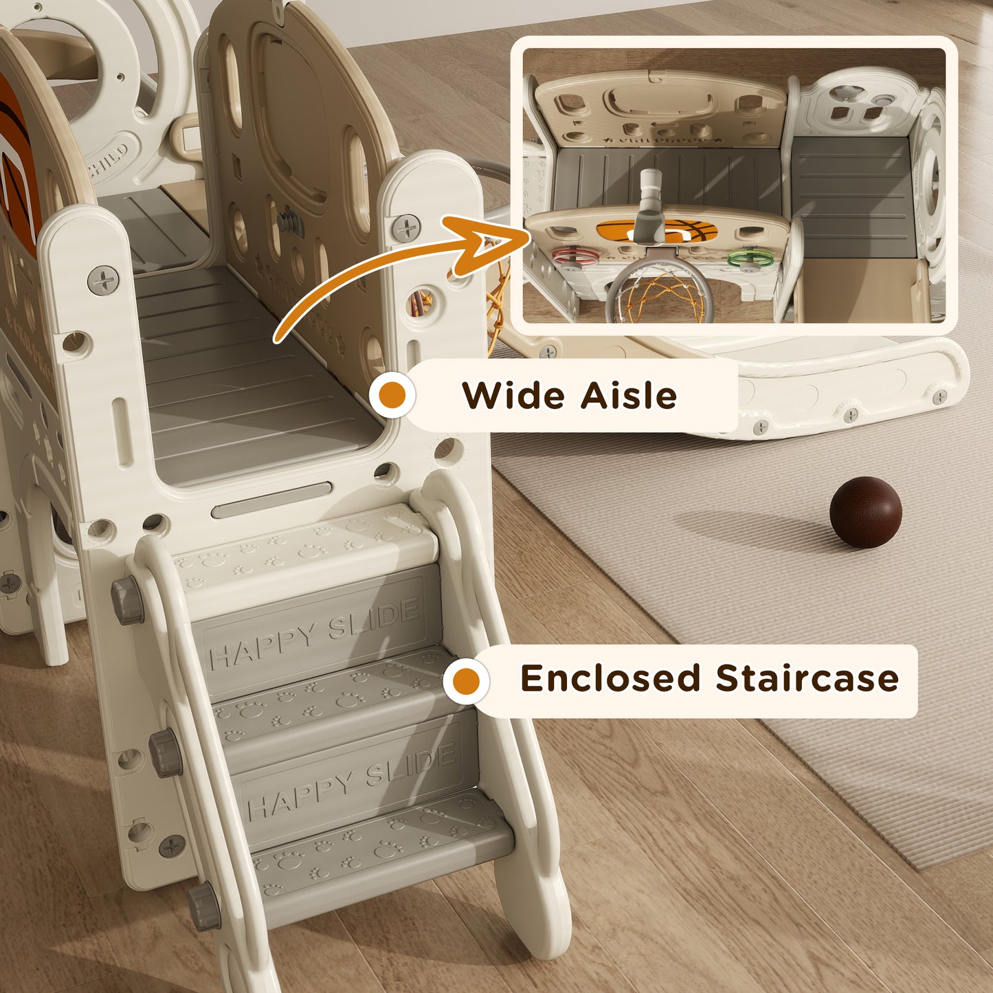 9 in 1 Toddler Slide for Kids Ages 1-6 with Bus Front, Basketball Hoop, Climber, Storage Space, Ring Toss, Cream White