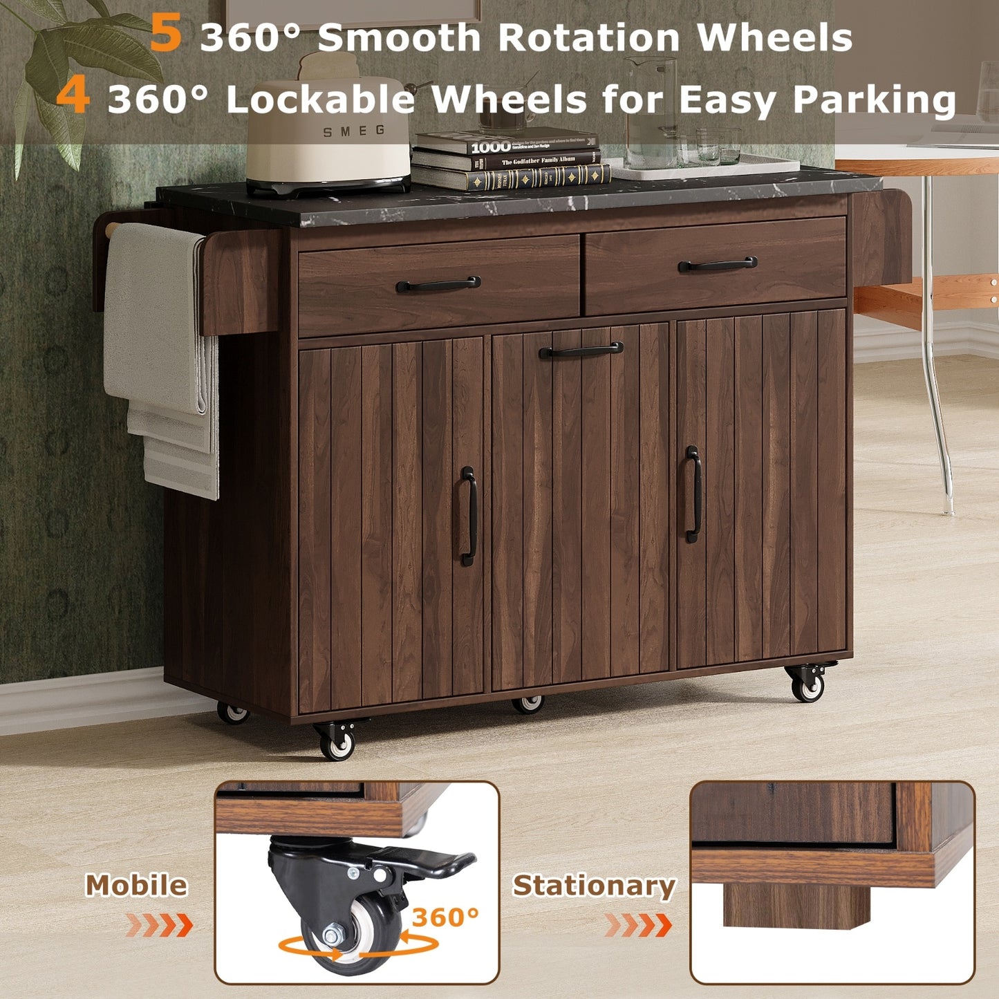 K&K Kitchen Island With Trash Can Storage Cabinet, Kitchen Cart With Drop Leaf, Spice Rack, Towel Ra