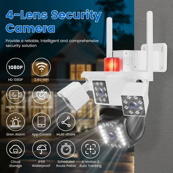 1080P HD 4-Lens Security Camera 360° View WiFi Pan & Tilt Surveillance Camera With Full Color Night Vision Auto Motion Tracking 2-Way Audio Spotlights IP66 Waterproof Max 128G Not Included