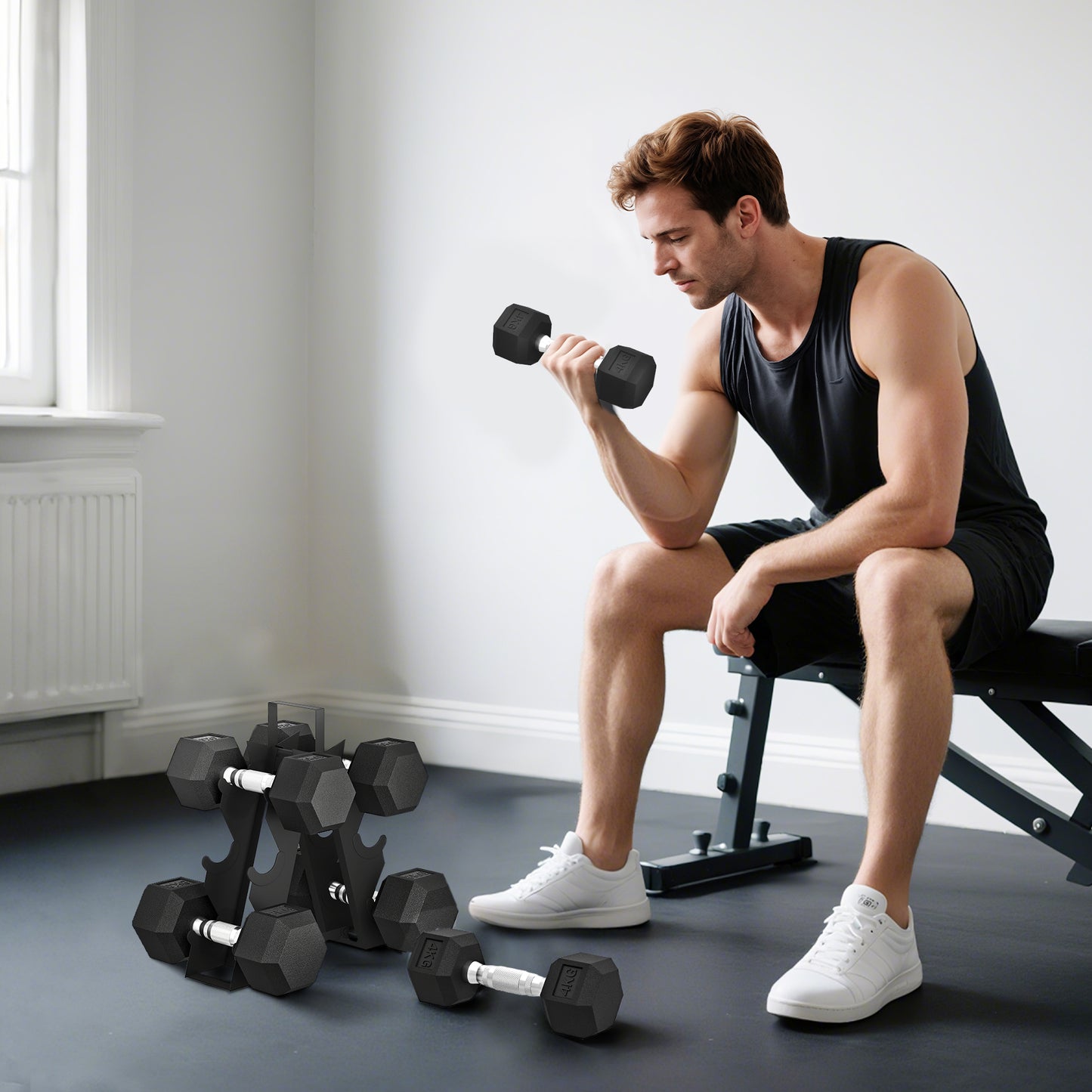 SPORTNOW Hex Dumbbell Set With Weights Storage Rack, Rubber Coated Dumbbells, Non-Slip Chrome Handles, Space-Saving For Home Gym Weight Lifting Strength Training, 2 X 2kg, 2 X 5kg, 2 X 8kg