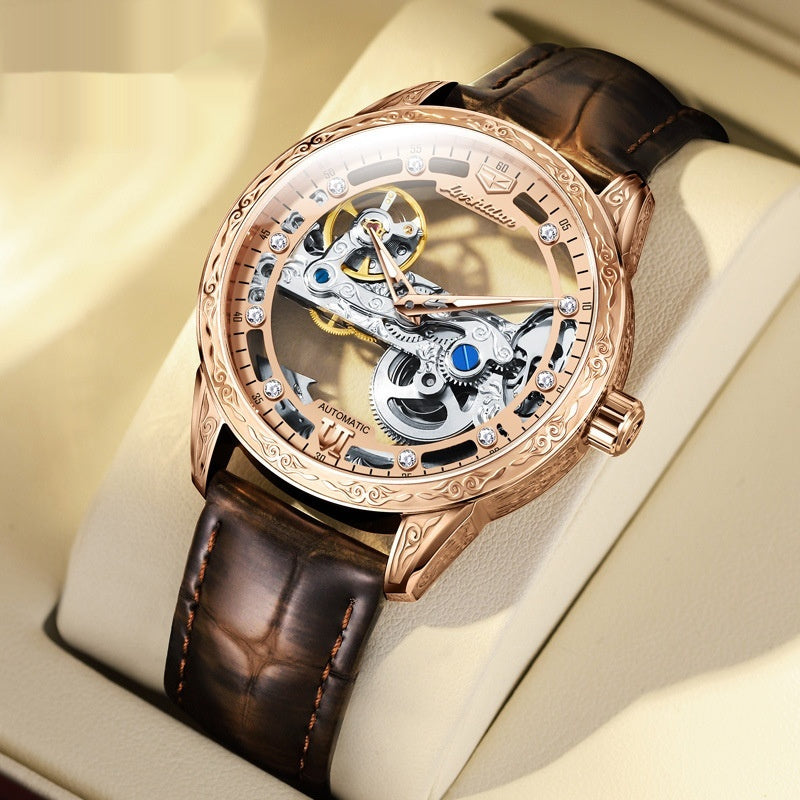 Openwork Mechanical Watch With Waterproof Leather Strap For Men