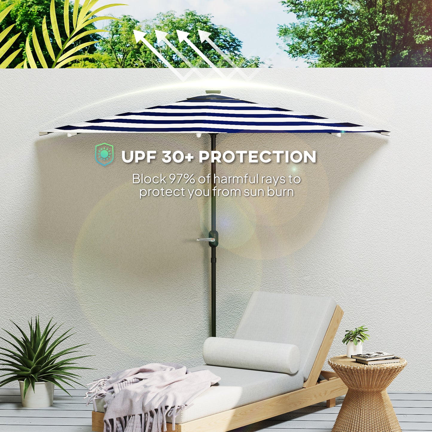 Half Umbrella Outdoor Patio Umbrella, UPF 30+ Small Balcony Umbrella, Vented Half Patio Umbrella with Crank 8 Ribs, Porch Umbrella for Garden Deck Poolside, Navy Blue