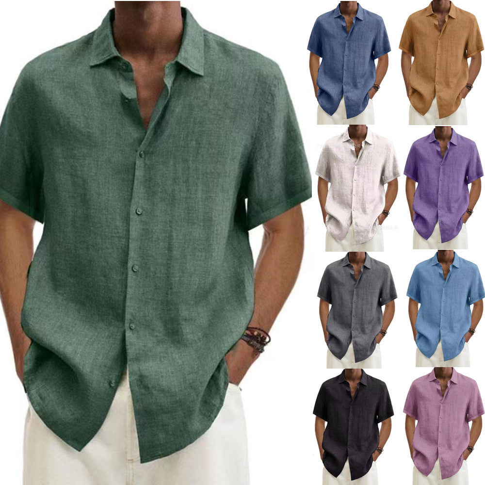 V-neck Button Cotton And Linen Solid Color Men's Trendy Shirt