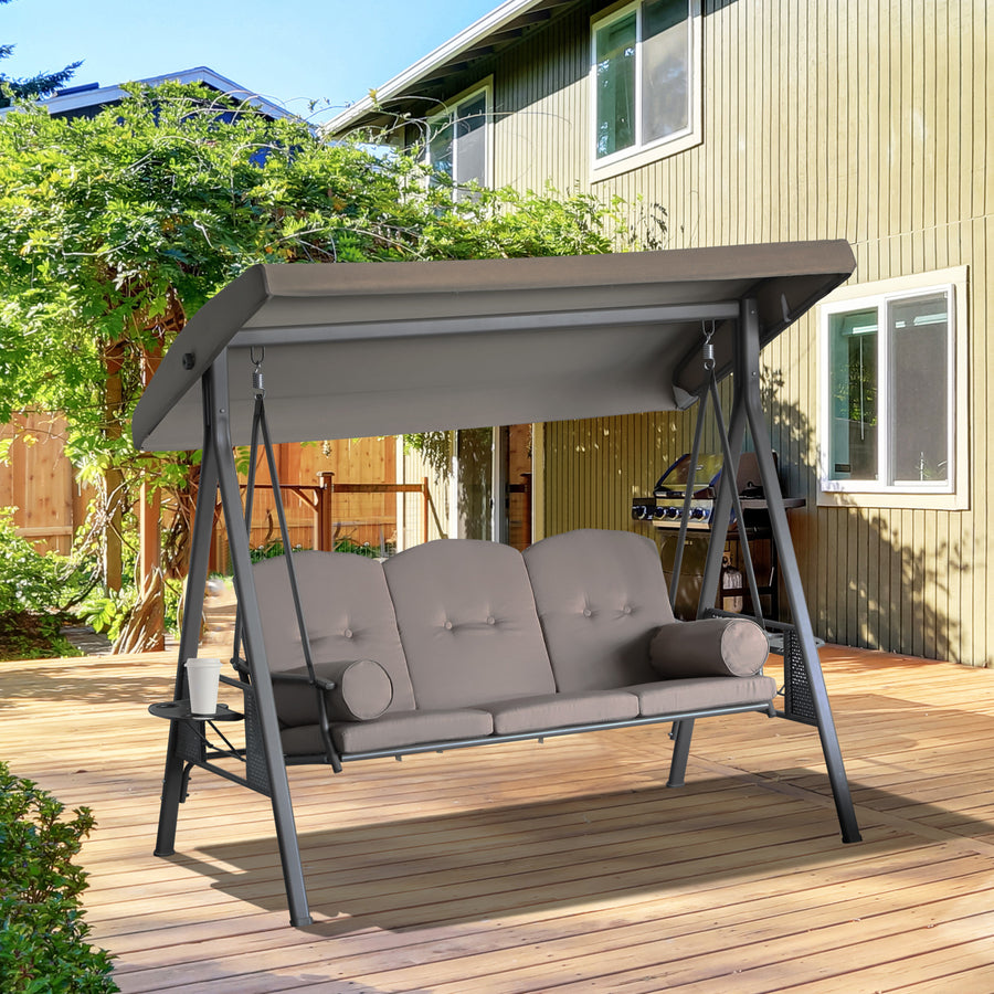 Patio Swing Bench 3-Person Steel Canopy Cushioned With Side Trays Comfortable Brown