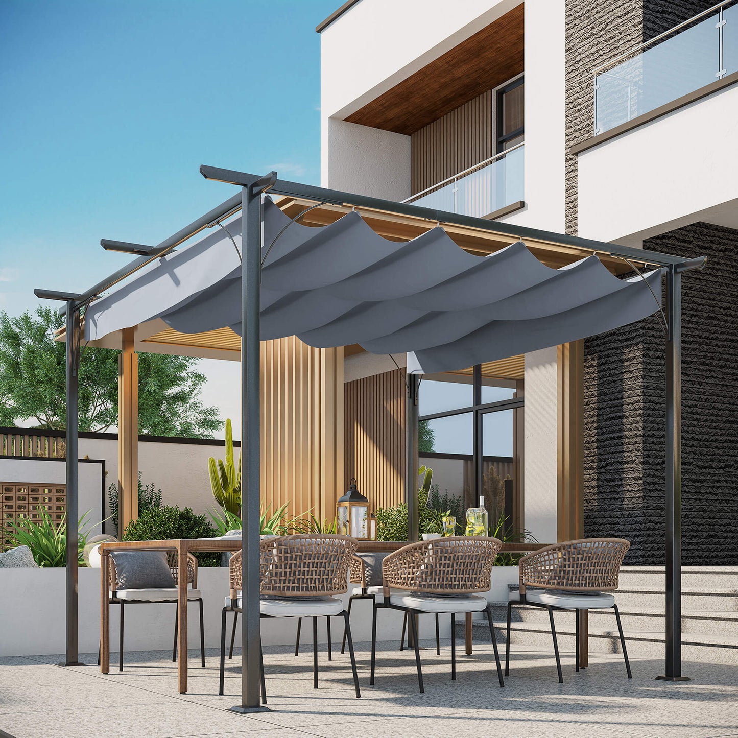 10' x 10' Outdoor Retractable Pergola Canopy, Metal Patio Shade Shelter for Backyard, Porch Party, Garden, Grill Gazebo, Gray